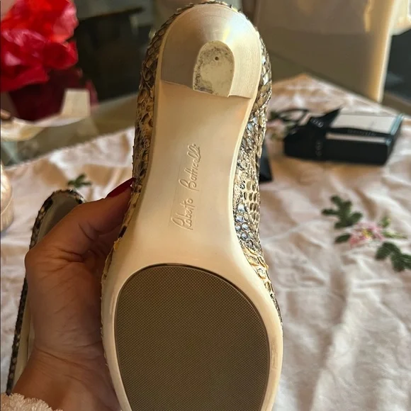 Roberto Botticelli Python Heels with Crystal Bow Tips - Picture 4 of 8